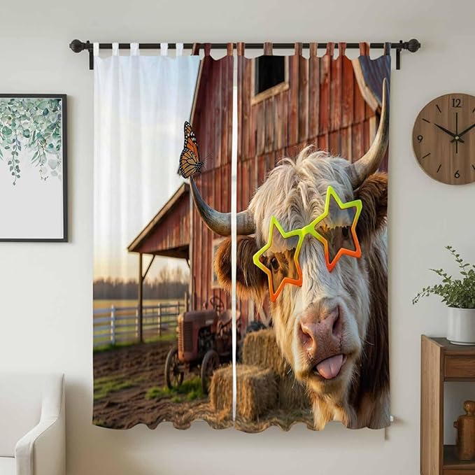 Farm Yaks Living Room Curtains 96 Inch Length, Window Curtains Tab Top, Farmhouse Barn Funny Animals Butterfly Light Filtering Window Treatments Drapes 52"x96" 2 Panel