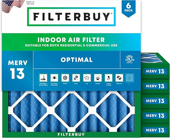 Filterbuy 12x12x2 Air Filter MERV 13 Optimal Smoke & Allergy Defense (6-Pack), Electrostatic Pleated HVAC AC Furnace Filters Replacement, Made in USA (Actual Size: 11.50 x 11.50 x 1.75)