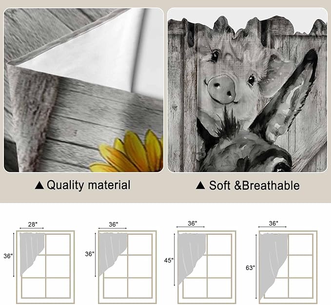 Funny Farm Animals Swag Valances for Windows, Vintage Barn Grey Sunflowers Rod Pocket Kitchen Curtains Valance, Small Window Curtains Swag for Cafe Bathroom Living Room, 2 Panels, 36x36 inch