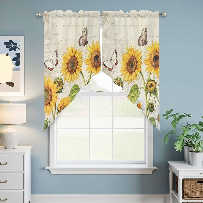 Farm Sunflowers Swag Valances for Windows, Retro Flowers Butterfly Botanical Beige Rod Pocket Kitchen Curtains Valance, Kitchen Window Curtains Swag for Cafe Bathroom Living Room, 2 Panels, 36x63 inch