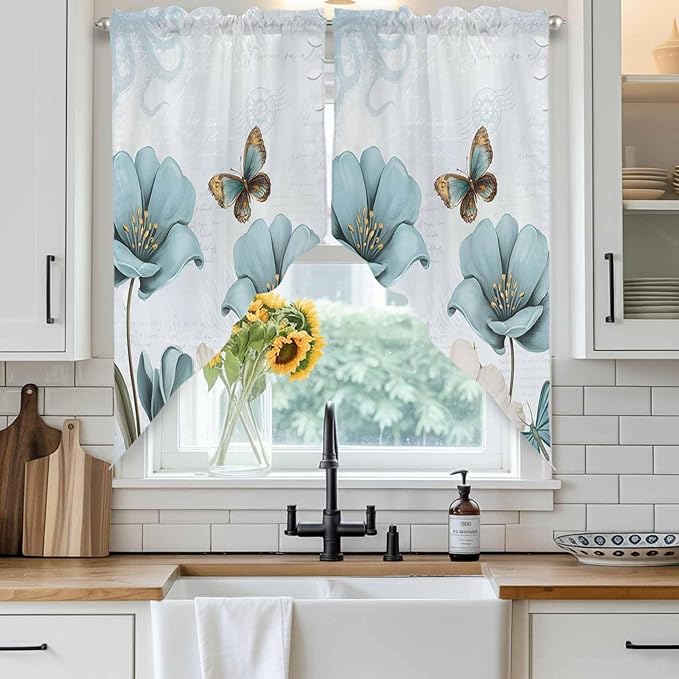 Blue Tulips Swag Valances for Windows, Watercolor Flowers Butterfly Spring Farmhouse Blue Rod Pocket Kitchen Curtains Valance, Small Window Curtains Swag for Cafe Living Room, 2 Panels, 28x36 inch
