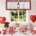 Valentine's Day Valance Curtains for Kitchen, Gnome Red Love Plaid Wood Grain Privacy Rod Pocket Valance Curtain, Light-Filtering Window Treatment for Bedroom Bathroom, 42"x12"