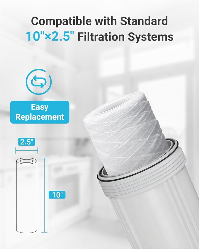AQUA CREST AP110 5 Micron 10"x2.5" String Wound Whole House Water Filter Replacement for 3M® Aqua-Pure AP110, Culligan® P5, APEC, GE FXUSC, Whirlpool®, Any 10" x 2.5" Home Water Filter, Pack of 6