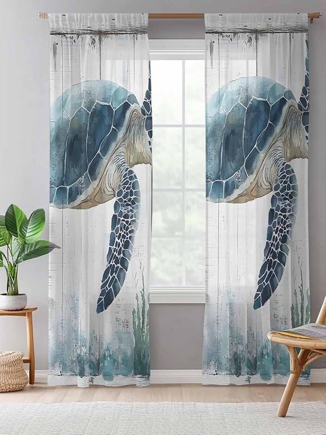 Sheer Curtains 84 Inches Long, Sea Turtle Teal Blue Semi Sheer Curtains Light Filtering Window Treatment, Summer Coastal Ocean Wood Grain Privacy Voile Drapes for Living Room Bedroom 52x84 Inch