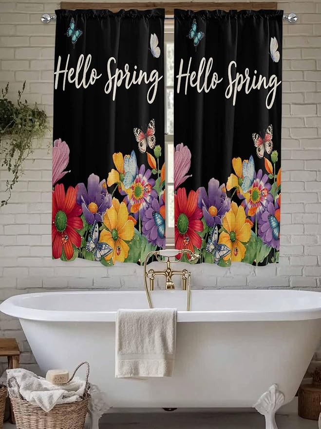 Spring Flowers Living Room Curtains 72 Inches length, Watercolor Country Colorful Floral Black Window Treatment Curtain Drapes, Light Filtering Drapes for Bedroom Laundry Room, 52"x72", 2 Panels