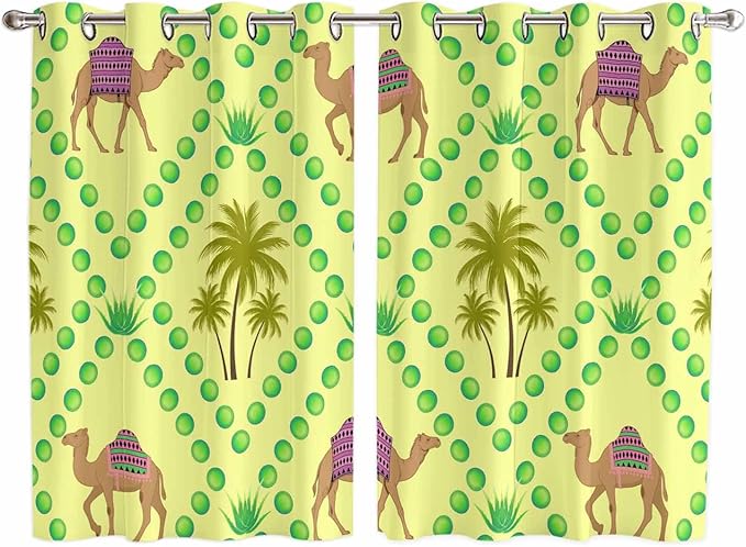 2 Panel Kitchen Cafe Curtains, Desert Sand Camels Sunlight Filtering Nature Air Through, Window Decor Tier Curtains for Living Room 104W x 72L inch Palm Trees Tropical Plants Polka Dot Yellow