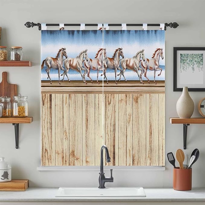 Western Horse Bedroom Curtains 72 Inch Length, Window Curtains Tab Top, Farmhouse Wooden Grain Vintage Cowboy Barn Door Light Filtering Window Treatments Drapes 52"x72" 2 Panel