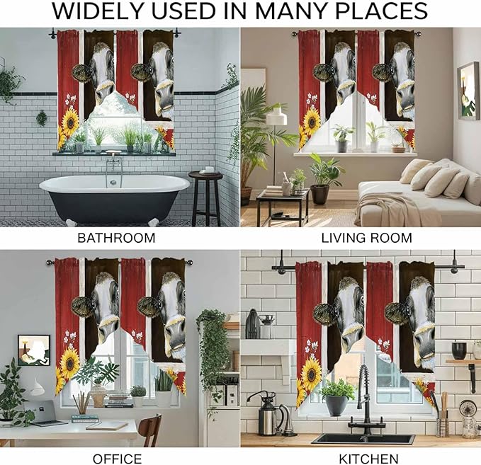 Cows Sunflowers Swag Valances for Windows, Rustic Farms Barns Flowers Bees Animals Rod Pocket Kitchen Curtains Valance, Small Window Curtains Swag for Cafe Bathroom Living Room, 2 Panels, 36x36 inch