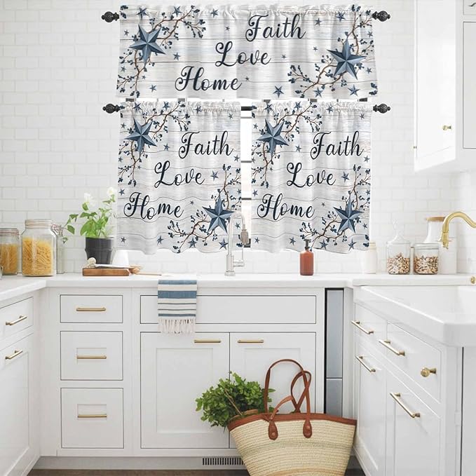 Farmhouse Kitchen Curtains Set 3 Piece for Windows,Rod Pocket Valance and Tier Set 24 Inch Length,Blue Country Texas Star Vintage Berries Wooden Light Filtering Cafe Curtains for Living Room