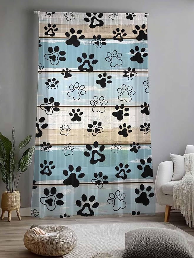 Sheer Curtains 84 Inches Long, Blue Beige Paw Print Semi Sheer Curtains Light Filtering Window Treatment, Vintage Farmhouse Country Wood Grain Privacy Voile Drapes for Living Room Bedroom 52x84 Inch