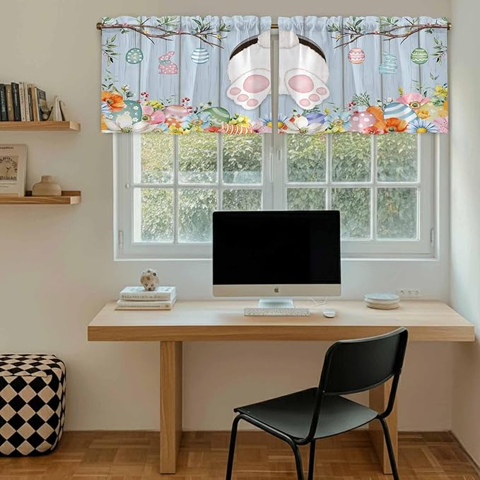 Easter Kitchen Tier Curtains 36 Inch Long 2 Panel Set,Rod Pocket Half Window Curtains Over Sink,Spring Watercolor Bunny Eggs Flower Wood Grain Blue Light Filtering Short Drapes Cafe 27.5"W x 36"L