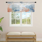 Ocean Corals Sheer Valance Curtains, Summer Beach Coral Sea Stars Wood Grain Light Filtering Kitchen Valances Rod Pocket Voile Curtain Window Treatment for Bedroom/Living Room/Basement 54Wx18L