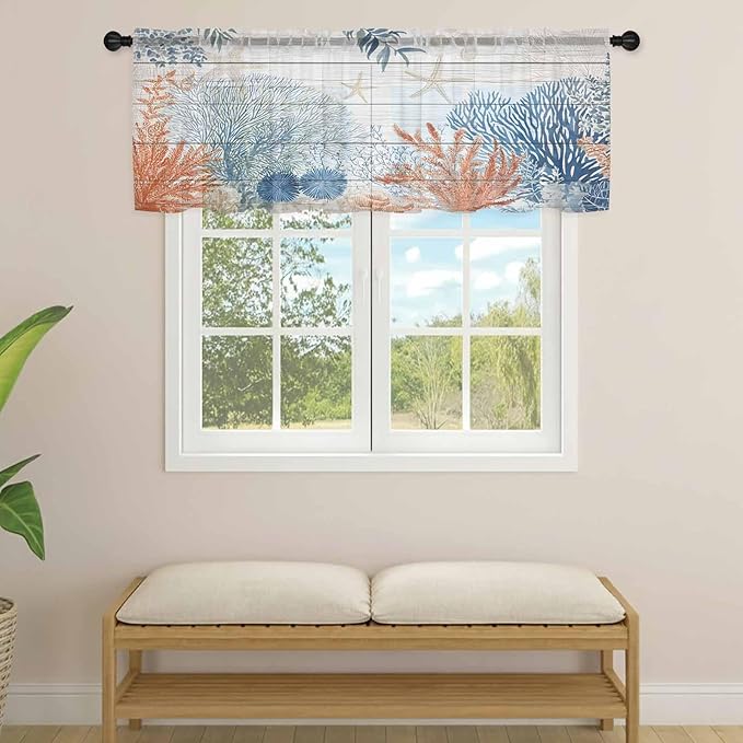 Ocean Corals Sheer Valance Curtains, Summer Beach Coral Sea Stars Wood Grain Light Filtering Kitchen Valances Rod Pocket Voile Curtain Window Treatment for Bedroom/Living Room/Basement 42Wx18L