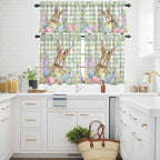 Kitchen Curtains Tiers and Valance Set of 3, Easter Light Filtering Window Curtain Set, Spring Bunny Colorful Eggs Floral Leaves Grey Plaid Rod Pocket Curtain Drapes for Living Room, 24 Inches Tiers