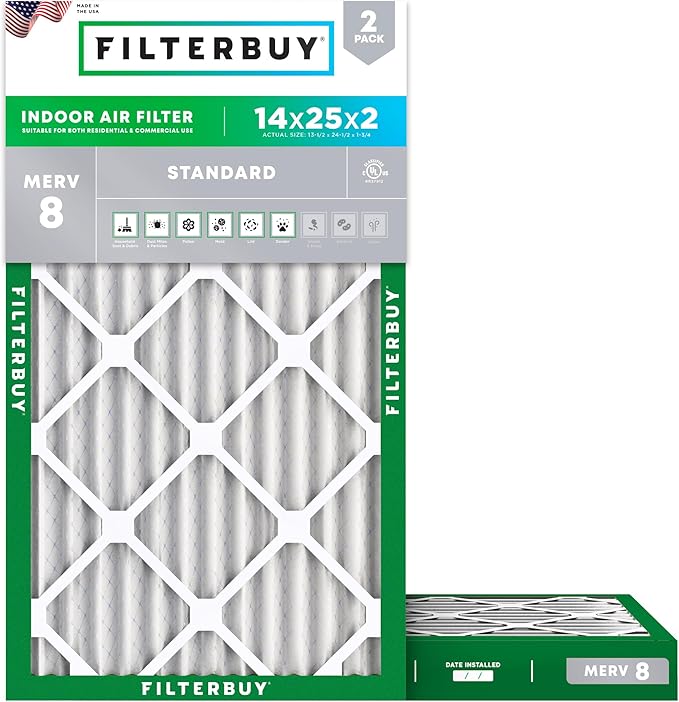 Filterbuy 14x25x2 Air Filter MERV 8 Essential Dust & Allergy Defense (2-Pack), Electrostatic Pleated HVAC AC Furnace Filters Replacement, Made in USA (Actual Size: 13.50 x 24.50 x 1.75)