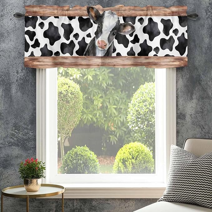 Cow Printed Curtain Valances for Windows, Kitchen Valance Window Treatment, Farmhouse Watercolor Country Wooden Grain Light Filtering Block Curtains for Bathroom/Bedroom/Living Room 42'' x 18''