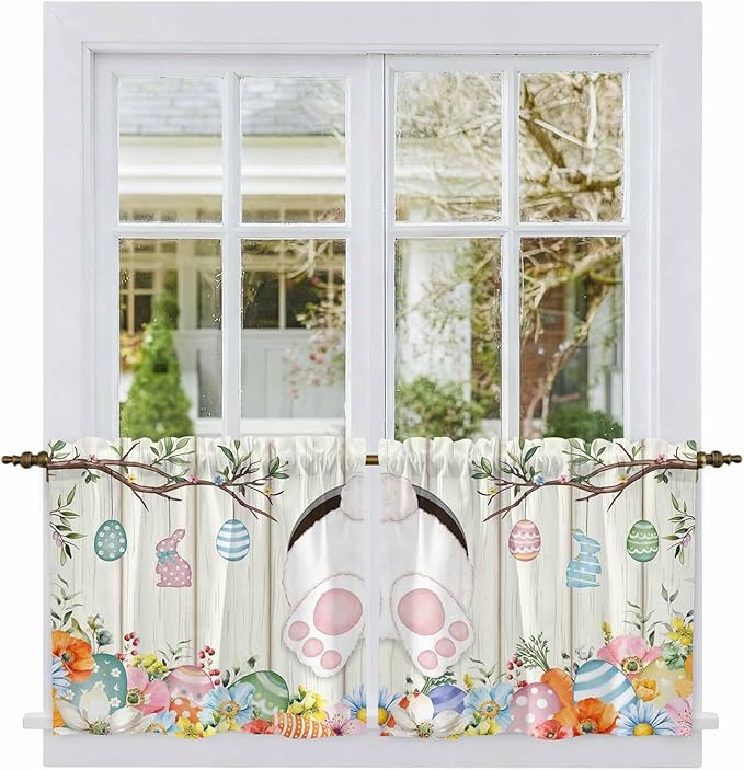 Easter Kitchen Tier Curtains 36 Inch Long 2 Panel Set,Rod Pocket Half Window Curtains Over Sink,Spring Farmhouse Watercolor Bunny Eggs Wood Grain Light Filtering Short Drapes Cafe 27.5"W x 36"L
