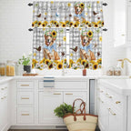 Kitchen Curtains Tiers and Valance Set of 3, Sunflowers Dog Light Filtering Window Curtain Set, Spring Watercolor Floral Stars Grey Plaid Rod Pocket Curtain Drapes for Living Room, 24 Inches Tiers