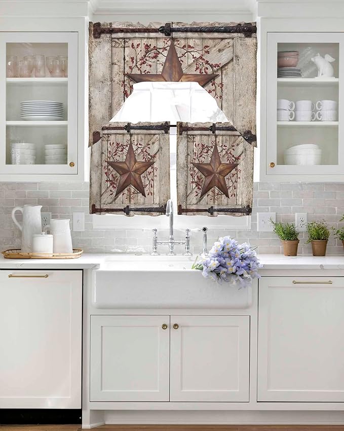 Country Star Swag Kitchen Curtains Valance and Tier Set, VintageRust Yellow Star Berry Beige Barn Gate Light-Filtering Swag Valance 24 Inch Length, Rod Pocket Short Curtain for Bedroom Cafe