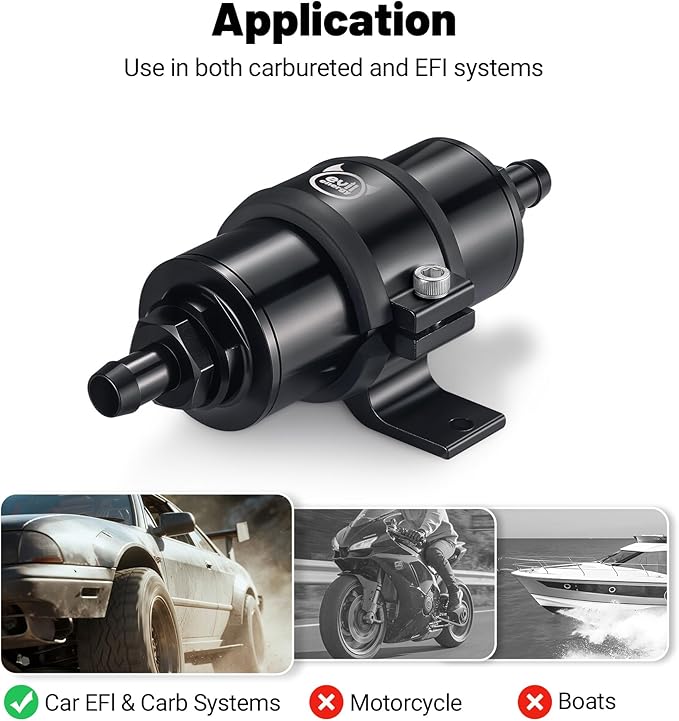 EVIL ENERGY Inline Fuel Filter 10 Micron with Barb 1/2", 3/8", 5/16" Fitting Adapter, Bracket Clamp 50MM Universal Aluminum Black for Gasoline, Diesel, Rubber Fuel Line