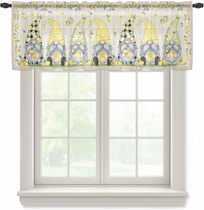 Rustic Lemon Gnomes Sheer Valance Curtains, Summer Fruit Leaves Retro Linen Texture Light Filtering Kitchen Valances Rod Pocket Voile Curtain Window Treatment for Bedroom/Living Room/Basement 42Wx12L
