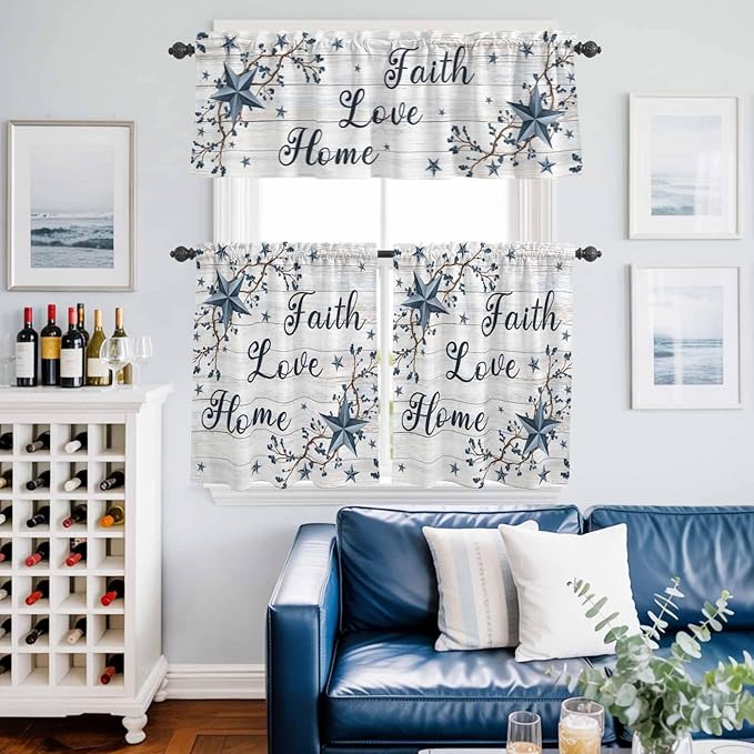 Farmhouse Kitchen Curtains Set 3 Piece for Windows,Rod Pocket Valance and Tier Set 36 Inch Length,Blue Country Texas Star Vintage Berries Wooden Light Filtering Cafe Curtains for Living Room