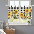 Sunflowers Kitchen Curtains 24 Inch Length, Small Window Curtains Tab Top, Yellow Flowers Butterfly Farmhouse Black Plaid Light Filtering Short Window Treatments Tier Drapes 27.5"x24" 2 Panel