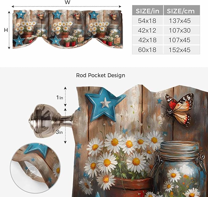 Country Flower Tie Up Valance for Window, Western Texas Star Butterfly Barn Door Adjustable Balloon Window Shade Valance Curtain for Kitchen Cafe Bathroom Window Treatment Panel 42''x12''