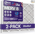 BNX 20x25x1 MERV 8 Air Filter 2 Pack - MADE IN USA - Electrostatic Pleated Air Conditioner HVAC AC Furnace Filters - Removes Dust, Mold, Pollen, Lint