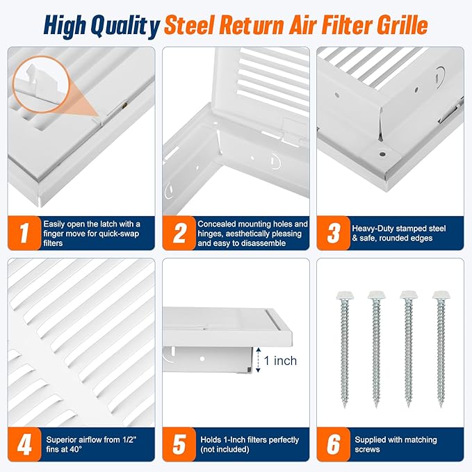 Fancat Return Air Filter Grille for 20x25 Ducts, Steel Air Vent Cover with Removable Door for 1" Filters | Fits Sidewall & Ceiling | Outer Size: 22 5/8" W x 27 5/8" H