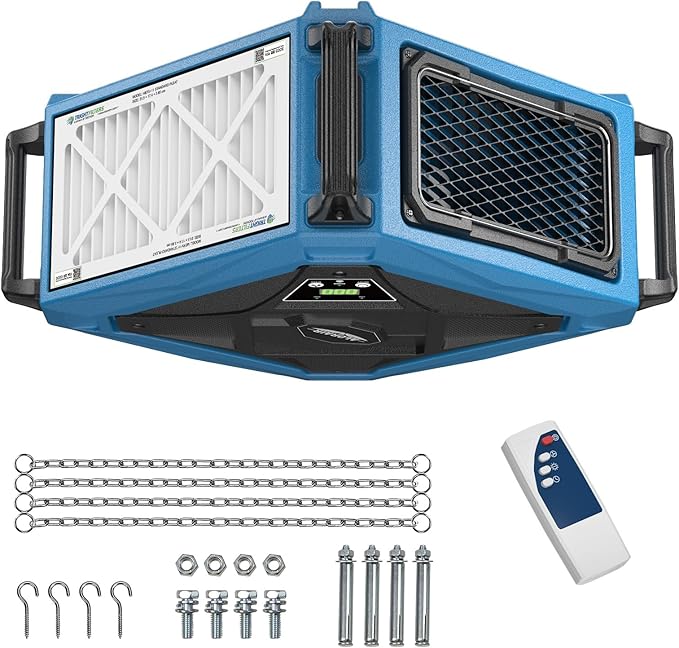 ALORAIR Hanging 270° Intake Air Filtration Systems Woodworking Remote Control, 2 Stage Air Flow(780/1080CFM) Strong Vortex Fan, Ceiling Mounted Dust Collector for Garage, Work Shop, Purecare 1080