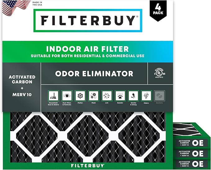 Filterbuy 12x12x1 Air Filter MERV 10 Odor & Allergy Defense with Activated Carbon (4-Pack), Electrostatic Pleated HVAC AC Furnace Filters Replacement, Made in USA (Actual Size: 11.75 x 11.75 x 0.75)