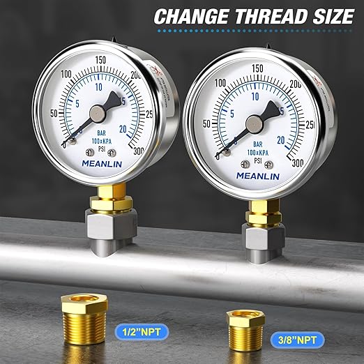 MEANLIN MEASURE 0~300Psi Dry Pressure Gauge Stainless Steel 1/4" NPT 2" FACE DIAL Waterproof for Air Compressor Air Regulator Water Filter Lower Mount, with 1/2" NPT and 3/8" NPT Hex Bushing