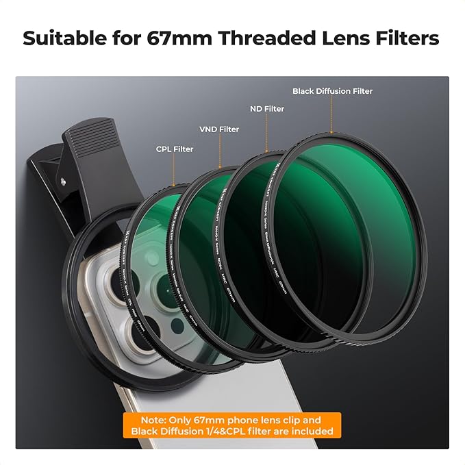 K&F CONCEPT 67mm Clip-on Black Diffusion 1/4&CPL Phone Camera Lens Filter Kit, Mist Cinematic Effect Filter Compatible with iPhone 16 15 14 13 12 11, for Video/Vlog/Portrait Photography