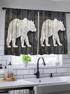 Sheer Curtains 54 Inch Length, White Brown Bear Semi Sheer Curtains Light Filtering Window Treatment, Farmhouse Country Rustic Wooden Grain Privacy Voile Drapes for Living Room Bedroom 52x54 Inch