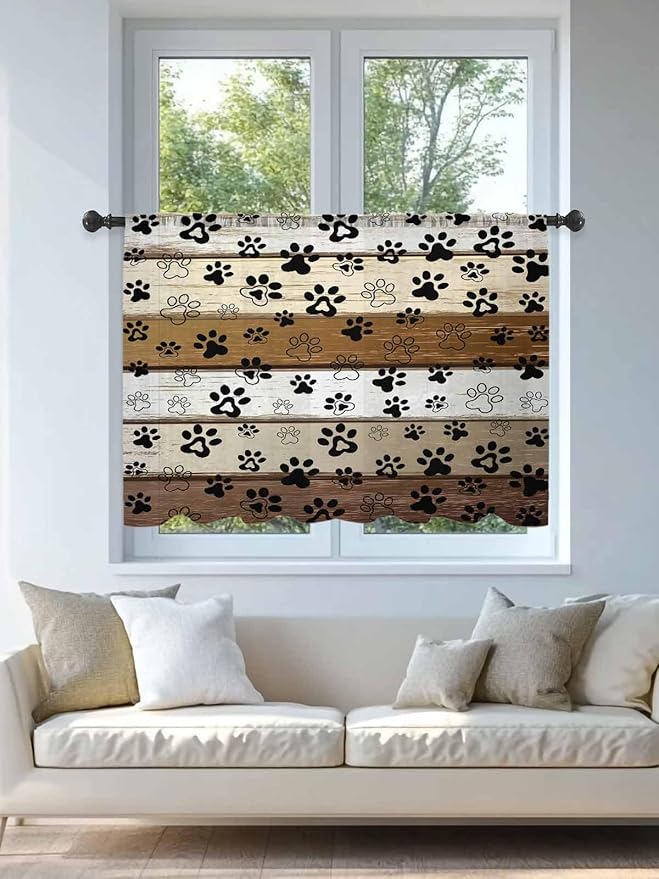 Sheer Curtains 54 Inch Length, Brown Beige Farmhouse Semi Sheer Curtains Light Filtering Window Treatment, Black Dog Paw Vintage Wooden Privacy Voile Drapes for Living Room Bedroom 52x54 Inch