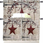 Village Stars Swag Kitchen Curtains Valance and Tier Set, Vintage Dark Red Star Berry Beige Barn Doors Light-Filtering Swag Valance 24 Inch Length, Rod Pocket Short Curtain for Bedroom Cafe