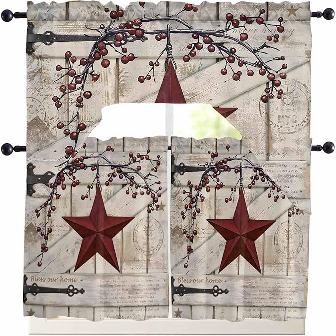Village Stars Swag Kitchen Curtains Valance and Tier Set, Vintage Dark Red Star Berry Beige Barn Doors Light-Filtering Swag Valance 36 Inch Length, Rod Pocket Short Curtain for Bedroom Cafe