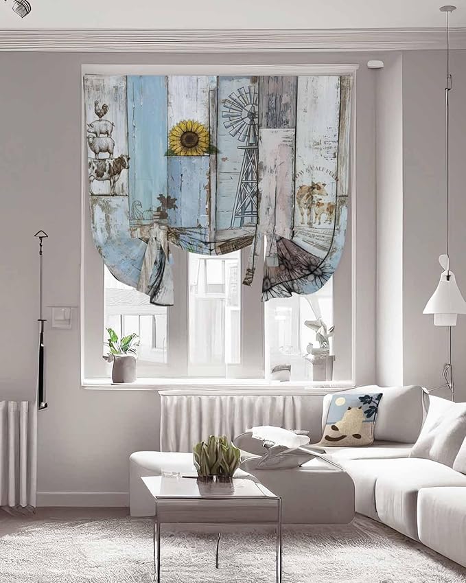 Tie Up Curtains for Windows, Blue Grey Wooden Adjustable Balloon Nature Linen Textured Kitchen Curtain, Farmhouse Barn Sunflowers Retro Blackout Curtains for Living Room, 46 x 63 Inches