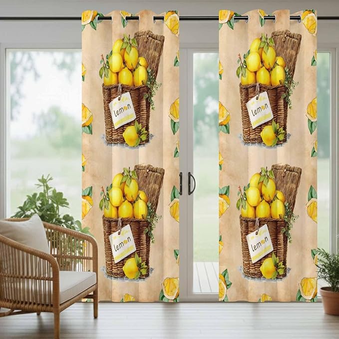 Lemon Outdoor Curtains for Patio Lemons in Baskets Summer Tropical Plant Brown Waterproof Outside Curtains with Grommet Top Weatherproof Curtain for Cabana Pergola Gazebo, 1 Panel, 54" W x 108" L