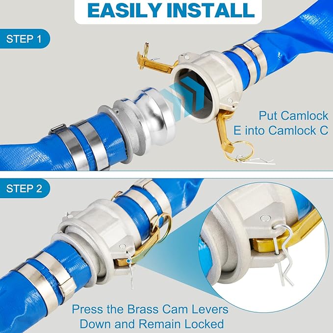 2" x 100 Ft Discharge Hose, Heavy Duty PVC Lay Flat Water Backwash Hose,Durable Pool Drain Hose with Aluminum CE Fittings for Water Pump And Filters