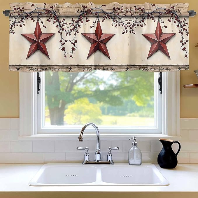 Farmhouse American Valances for Windows, Country Star Berries Vintage Wood Grain Kitchen Valance Light Filtering Rod Pocket Short Curtains for Kitchen Bathroom, 1 Panel, 60"x18"