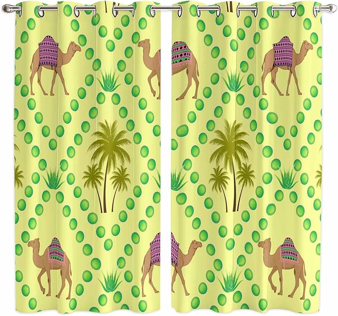2 Panel Kitchen Cafe Curtains, Desert Sand Camels Sunlight Filtering Nature Air Through, Window Decor Tier Curtains for Living Room 80W x 63L inch Palm Trees Tropical Plants Polka Dot Yellow