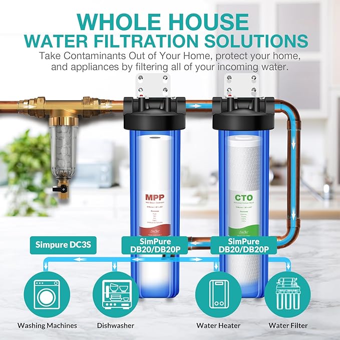 SimPure Whole House Water Filter Cartridges 5 Micron 20" x 4.5" CTO Activated Carbon Block, For DB20P, FC25B, CTO20BB, WHB20, 2 Pack