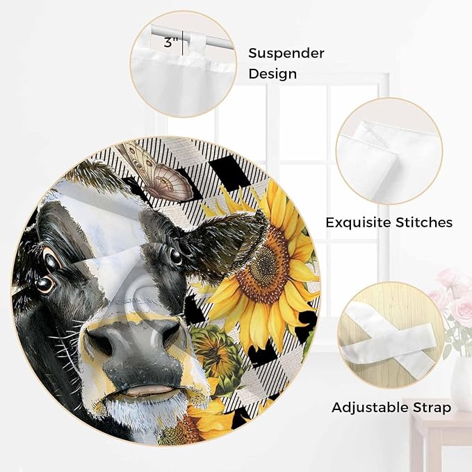 Retro Sunflowers Kitchen Curtains 45 Inch Length, Short Cafe Window Curtains Tab Top, Farmhouse Floral Cow Butterfly Black Plaid Light Filtering Window Treatments Tier Drapes 27.5"x45" 2 Panel