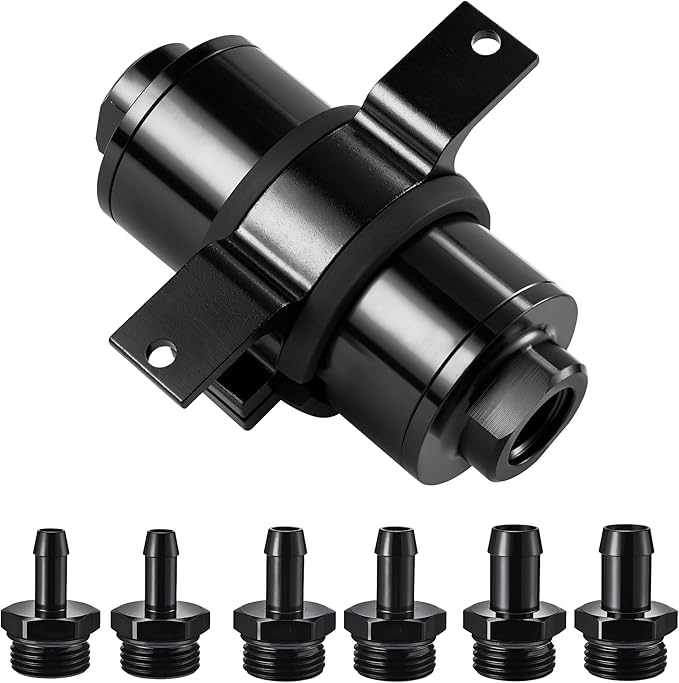 EVIL ENERGY Inline Fuel Filter 100 Micron with Barb 1/2", 3/8", 5/16" Fitting Adapter, Bracket Clamp 50MM Universal Aluminum Black for Gasoline, Diesel, Rubber Fuel Line