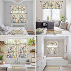 Happy Easter Kitchen Curtains Set 3 Piece for Windows,Rod Pocket Valance and Tier Set 24 Inch Length,Spring Grey Bunny Colorful Eggs Flower Brown Light Filtering Cafe Curtains for Living Room