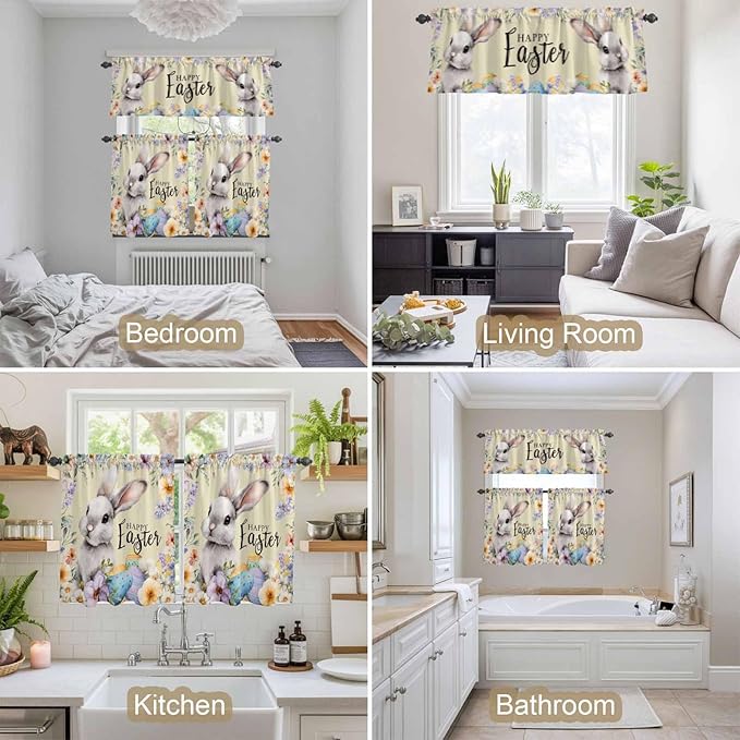 Happy Easter Kitchen Curtains Set 3 Piece for Windows,Rod Pocket Valance and Tier Set 36 Inch Length,Spring Grey Bunny Colorful Eggs Flower Brown Light Filtering Cafe Curtains for Living Room