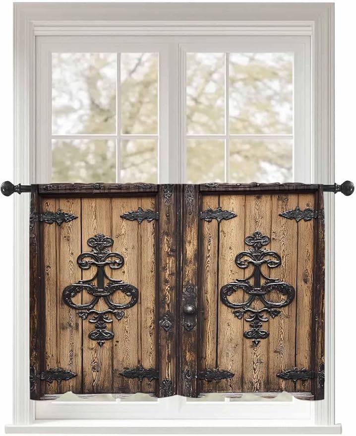 Sheer Curtains 45 Inch Length, Barn Door Semi Sheer Curtains Light Filtering Window Treatment, Farmhouse Wooden Grain Rustic Tribal Pattern Privacy Voile Drapes for Living Room Bedroom 52x45 Inch