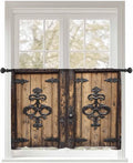 Sheer Curtains 45 Inch Length, Barn Door Semi Sheer Curtains Light Filtering Window Treatment, Farmhouse Wooden Grain Rustic Tribal Pattern Privacy Voile Drapes for Living Room Bedroom 52x45 Inch